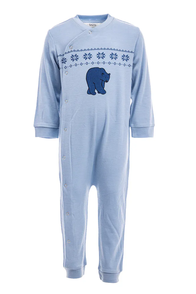 Ullpyjamas til baby i lys blå - 100% merinoull
