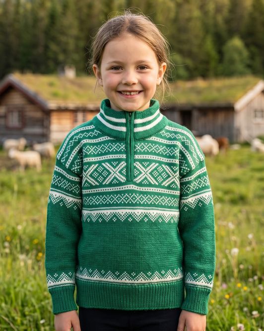 Hovedbilde Bretind Setesdalsgenser til barn – grønn/natur